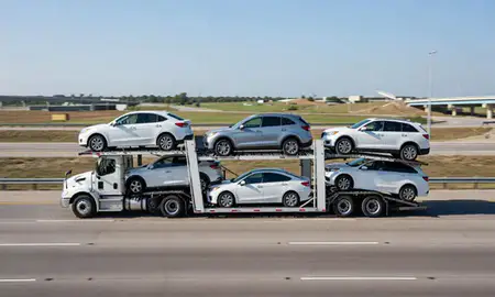 Multi-level car carrier on the highway to Killeen, Texas, United States