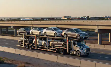 Car transporter with the Killeen, Texas, United States skyline behind it