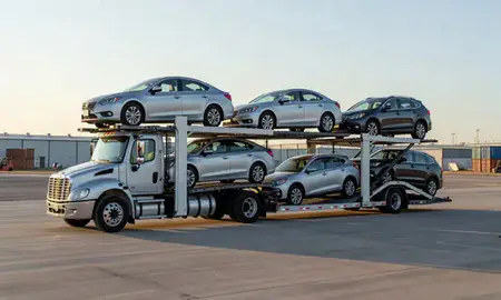 Car transporter loaded with vehicles in Laredo, Texas, United States