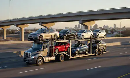 Car transporter with the Laredo, Texas, United States skyline behind it