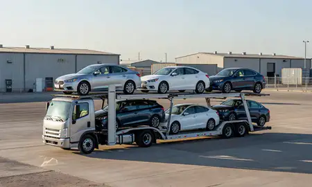 Car transporter loaded with vehicles in Lubbock, Texas, United States