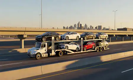Car transporter with the Lubbock, Texas, United States skyline behind it