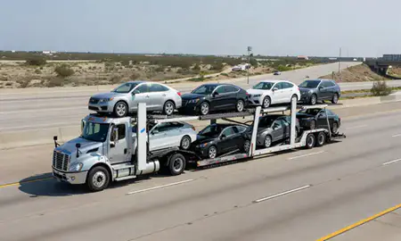 Multi-level car carrier on the highway to McAllen, Texas, United States