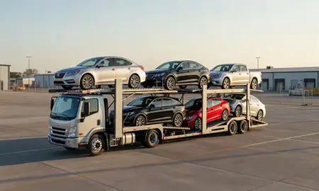 Car transporter loaded with vehicles in McAllen, Texas, United States