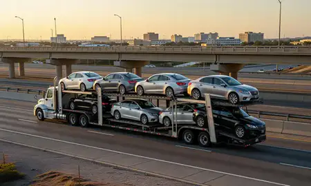 Car transporter with the McAllen, Texas, United States skyline behind it