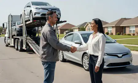 Vehicle owner beside their delivered car in McKinney, Texas, United States
