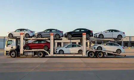 Car transporter parked in an industrial area of McKinney, Texas, United States