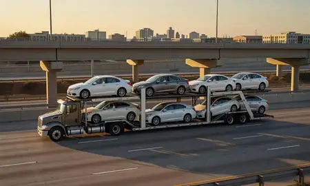 Car transporter with the McKinney, Texas, United States skyline behind it