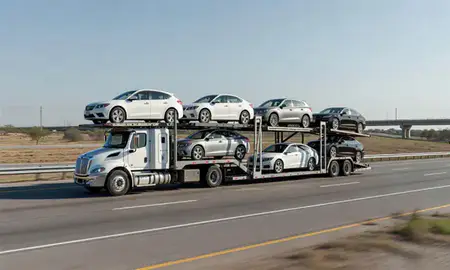 Multi-level car carrier on the highway to Mesquite, Texas, United States