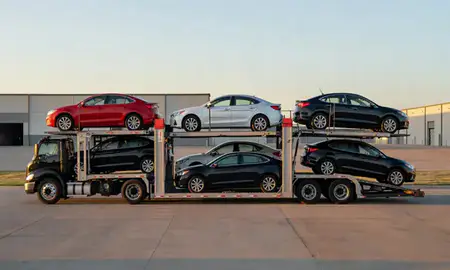 Car transporter parked in an industrial area of Mesquite, Texas, United States