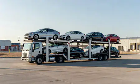 Car transporter loaded with vehicles in Mesquite, Texas, United States