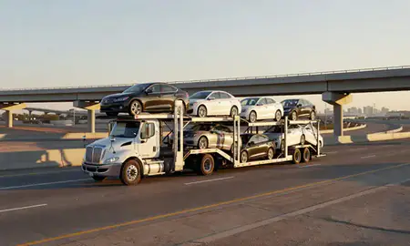 Car transporter with the Mesquite, Texas, United States skyline behind it