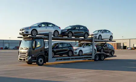 Car transporter loaded with vehicles in Midland, Texas, United States