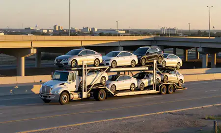 Car transporter with the Midland, Texas, United States skyline behind it