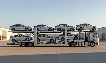 Car transporter parked in an industrial area of Odessa, Texas, United States