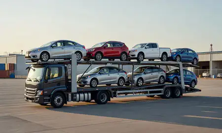 Car transporter loaded with vehicles in Odessa, Texas, United States