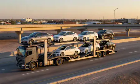 Car transporter with the Odessa, Texas, United States skyline behind it