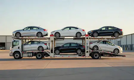 Car transporter parked in an industrial area of Pasadena, Texas, United States