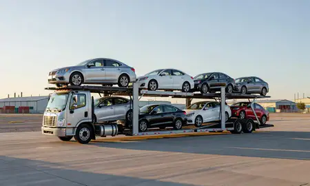 Car transporter loaded with vehicles in Pasadena, Texas, United States