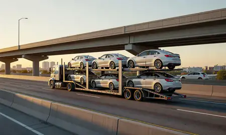 Car transporter with the Pasadena, Texas, United States skyline behind it