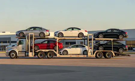 Car transporter parked in an industrial area of Plano, Texas, United States