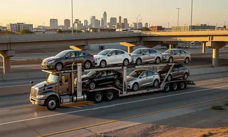 Car transporter with the Plano, Texas, United States skyline behind it