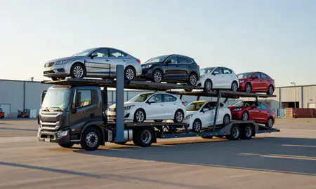 Car transporter loaded with vehicles in San Antonio, Texas, United States