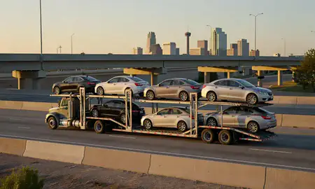 Car transporter with the San Antonio, Texas, United States skyline behind it