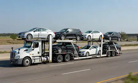 Multi-level car carrier on the highway to Tyler, Texas, United States