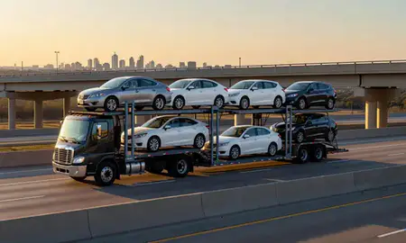 Car transporter with the Tyler, Texas, United States skyline behind it