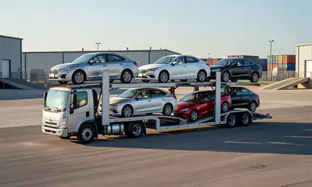 Car transporter loaded with vehicles in Waco, Texas, United States