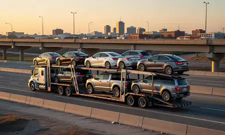 Car transporter with the Waco, Texas, United States skyline behind it