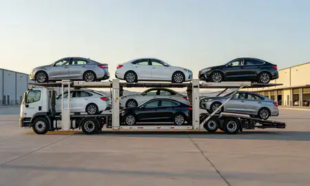 Car transporter parked in an industrial area of Utah, United States