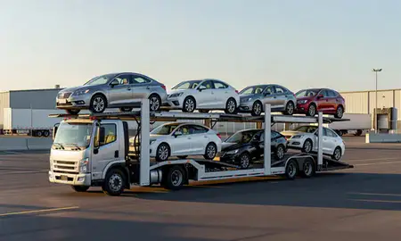 Car transporter loaded with vehicles in Utah, United States