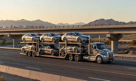 Car transporter with the Utah, United States skyline behind it