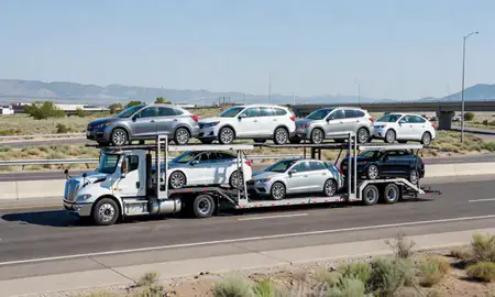 Multi-level car carrier on the highway to American Fork, Utah, United States