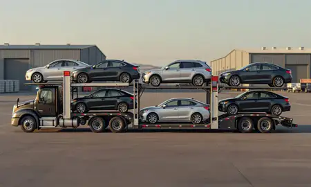 Car transporter parked in an industrial area of American Fork, Utah, United States