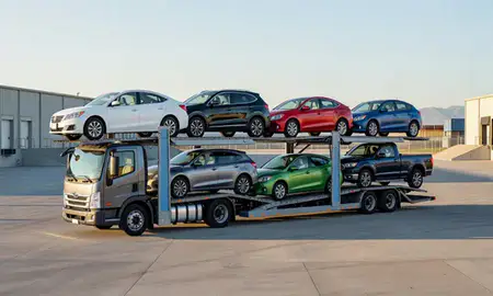 Car transporter loaded with vehicles in American Fork, Utah, United States