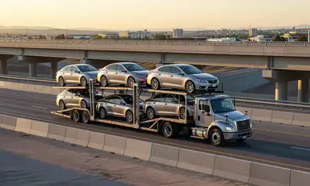 Car transporter with the American Fork, Utah, United States skyline behind it