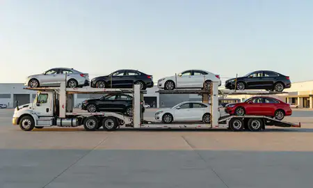 Car transporter parked in an industrial area of Bountiful, Utah, United States