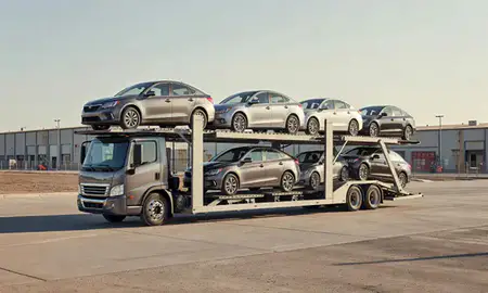 Car transporter loaded with vehicles in Bountiful, Utah, United States