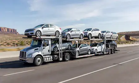 Multi-level car carrier on the highway to Cedar City, Utah, United States