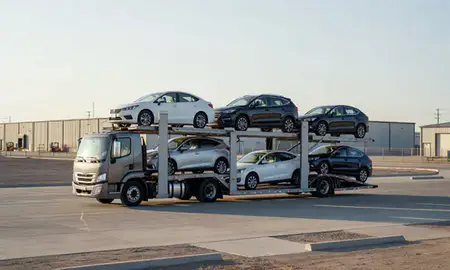 Car transporter loaded with vehicles in Cedar City, Utah, United States
