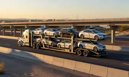 Car transporter with the Cedar City, Utah, United States skyline behind it