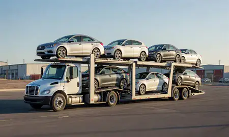 Car transporter loaded with vehicles in Draper, Utah, United States