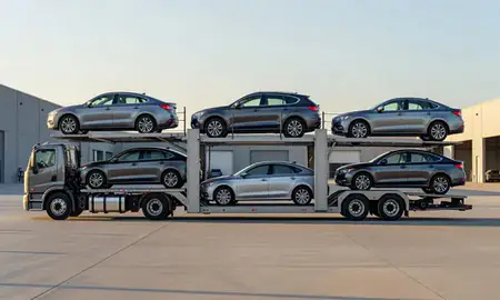 Car transporter parked in an industrial area of Eagle Mountain, Utah, United States