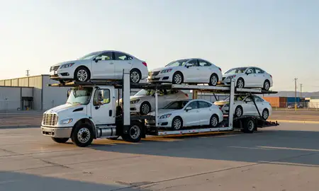 Car transporter loaded with vehicles in Eagle Mountain, Utah, United States