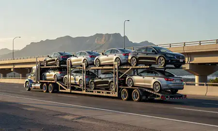 Car transporter with the Eagle Mountain, Utah, United States skyline behind it