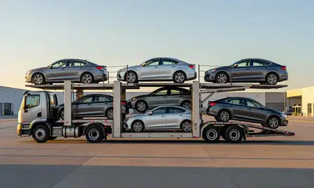 Car transporter parked in an industrial area of Herriman, Utah, United States