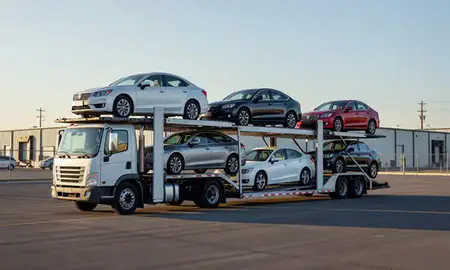 Car transporter loaded with vehicles in Herriman, Utah, United States